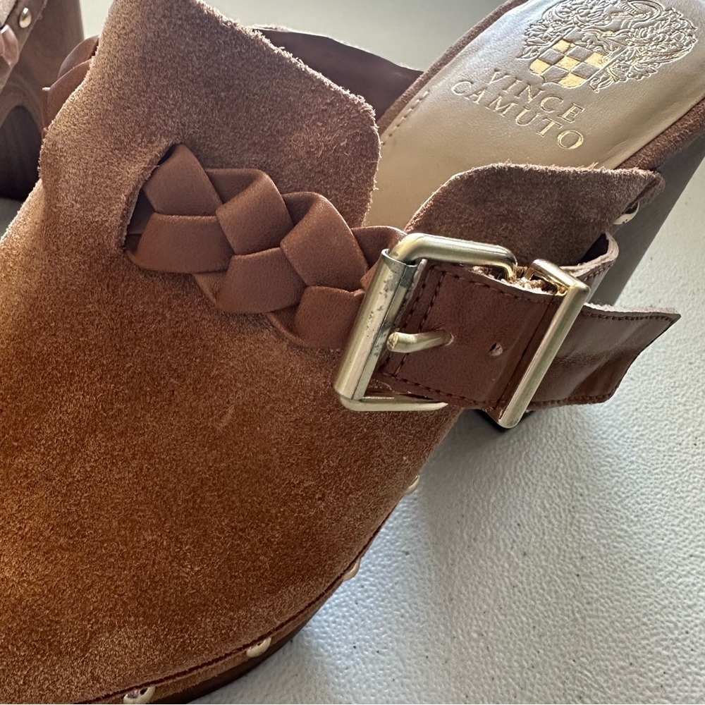 Vince Camuto Crashell  Wooden heel Buckle Clog Brown Suede Women's Clogs - Picture 4 of 9